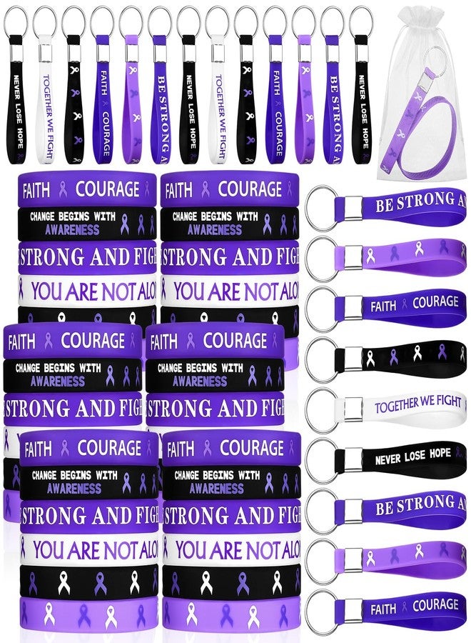 Furbeko 60 Sets Purple Domestic Violence Pancreatic Cancer Awareness Gifts Bracelets Silicone Keychains Bulk Lupus Epilepsy Alzheimer's Hope Faith Courage Wristbands for Overdose Eating Disorders - Image 1